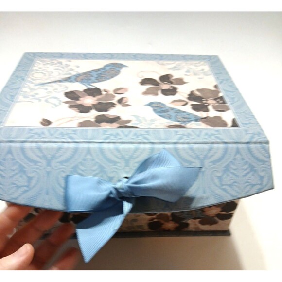 Decorative Gift Box Hook And Loop Closure Blue Bow Birds Florals Cottage - Picture 2 of 8